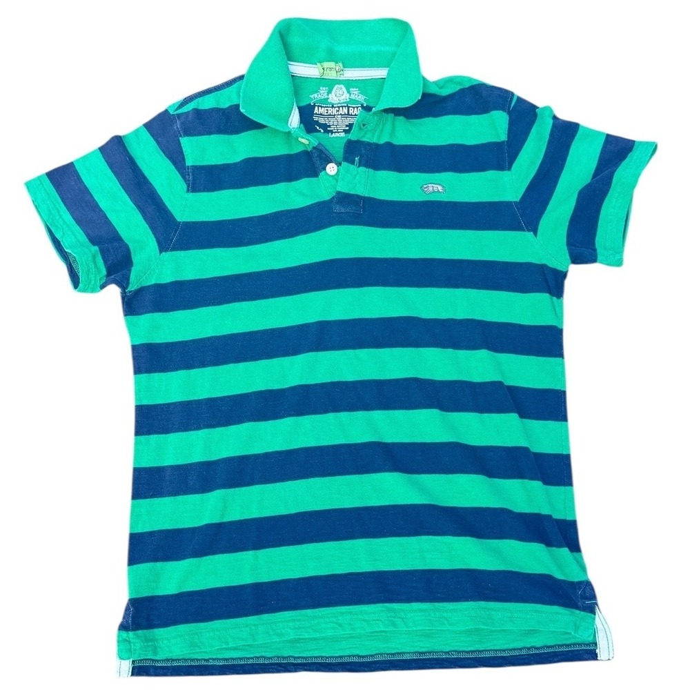 American Rag Mens Large Polo Shirt Green Navy Blue Striped Cotton Bear Logo‎